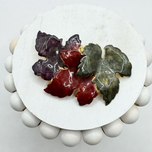 Fall Leaf Cluster Brooch Pin Swirled Enamel Purple Red Green Autumn Large Gold - Picture 2 of 7